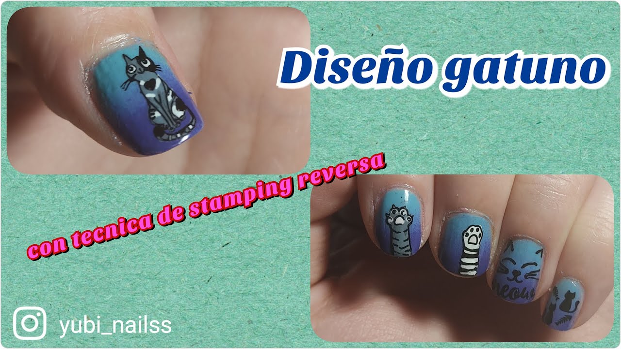Uñas decoradas con motivos gatunos /Cat stamping nails - ombre nails
