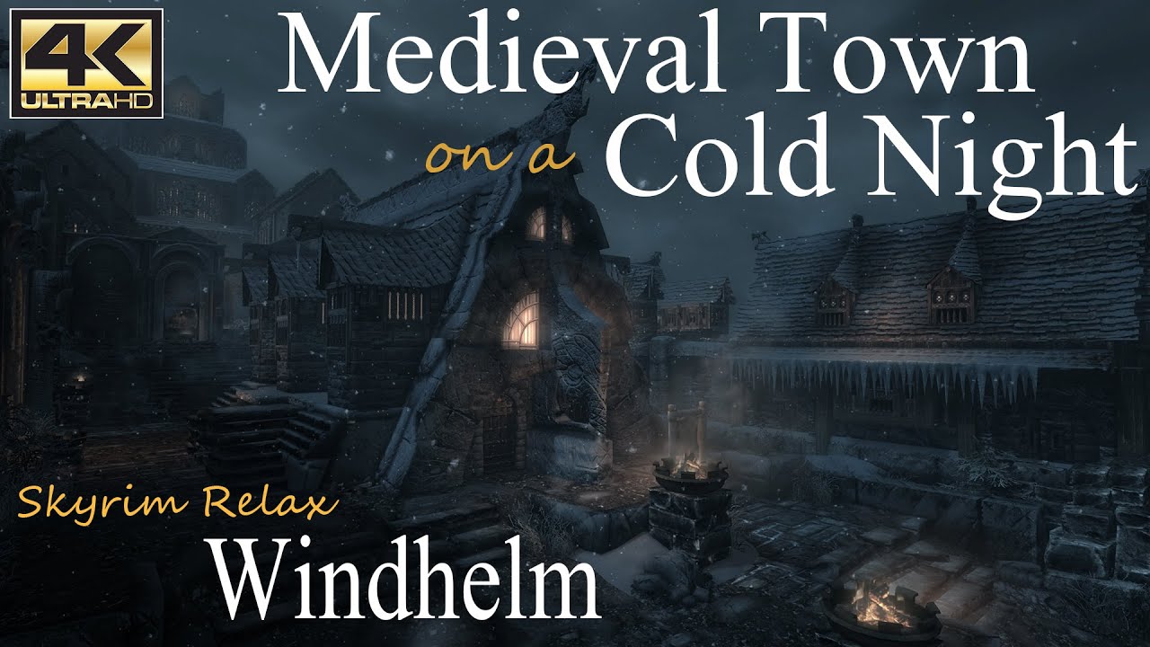 Medieval Town on a Cold Night • Skyrim Scenery (ASMR) • Windhelm • Sleep Relax & Ambient Sounds