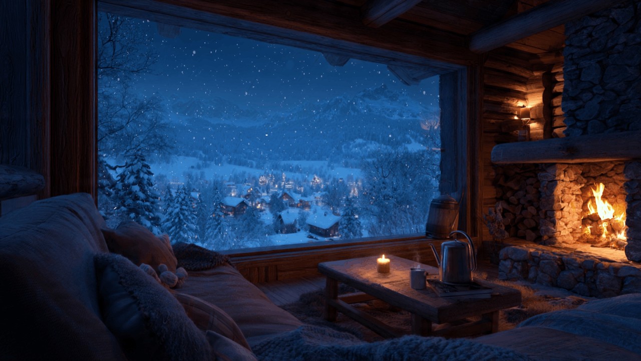 Snowy Cabin Night Ambience | 🔥Cozy Fireplace & Falling Snow for Deep Sleep