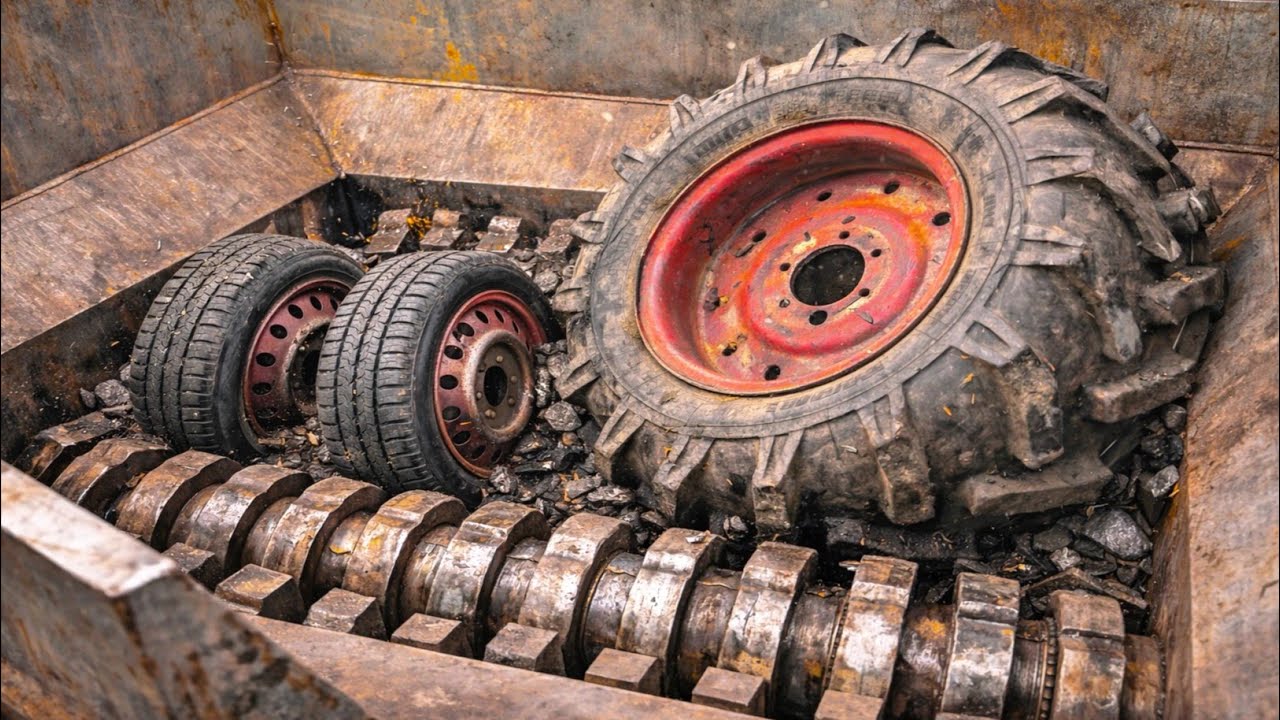 Giant Shredder Test! Huge Steel Rim Tyres Get Destroyed