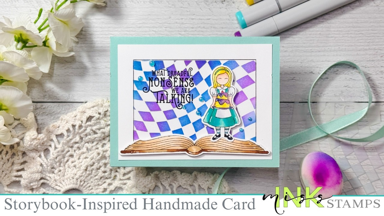 Storybook Alice Belated Birthday Card | Stamps, Dies & Wonky Checker Stencil from Miss Ink Stamps