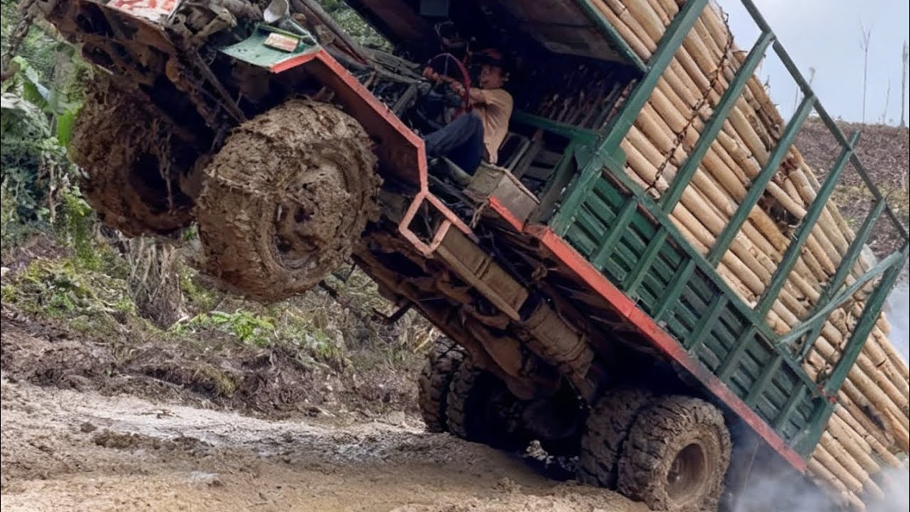 These heavily modified trucks carrying timber are extremely dangerous when driving on muddy roads.