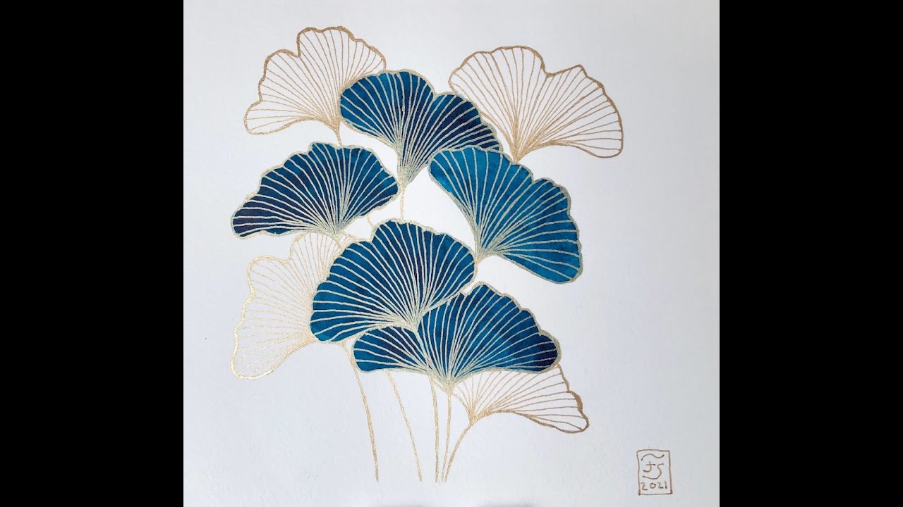 Easy Ginkgo Leaves Tutorial in Blue and Gold | Beginner's Watercolor Painting Video