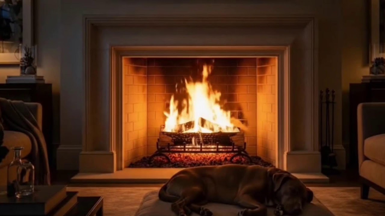 Cozy Fireplace with Sleeping Dog 🔥 24/7 Relaxing Fire Sounds for Sleep & Study