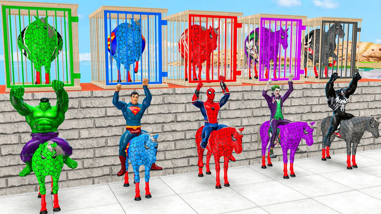 RED HORSE SPIDERMAN CROSSING FOUNTAIN ON RAINBOW SPIDERS BRIDGE AGAINST SHARKS RESCUE ANIMALS GAME