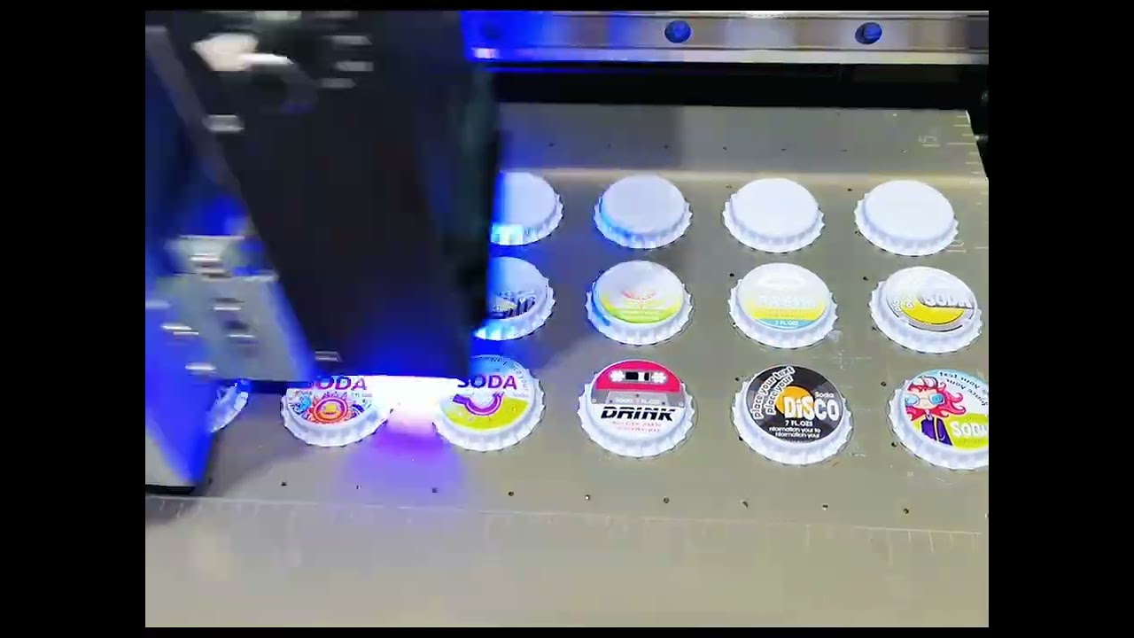 Beer cap customizing printing with a1 size uv printing machine.