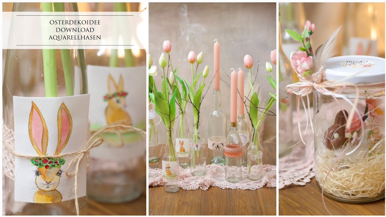 Osterdekoidee mit Glasflaschen und Aquarellhasen zum downloaden