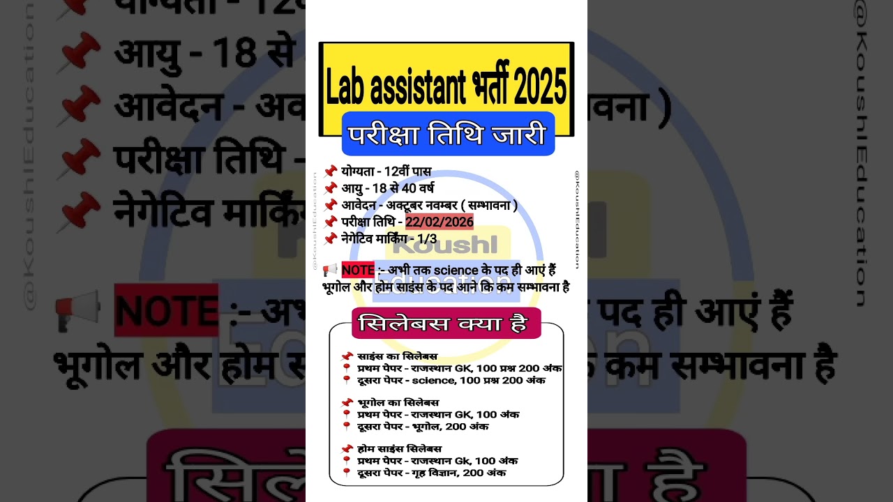 Lab assistant New Vacancy 2025 || Lab assistant परीक्षा तिथि जारी || Exam date, syllabus, total post