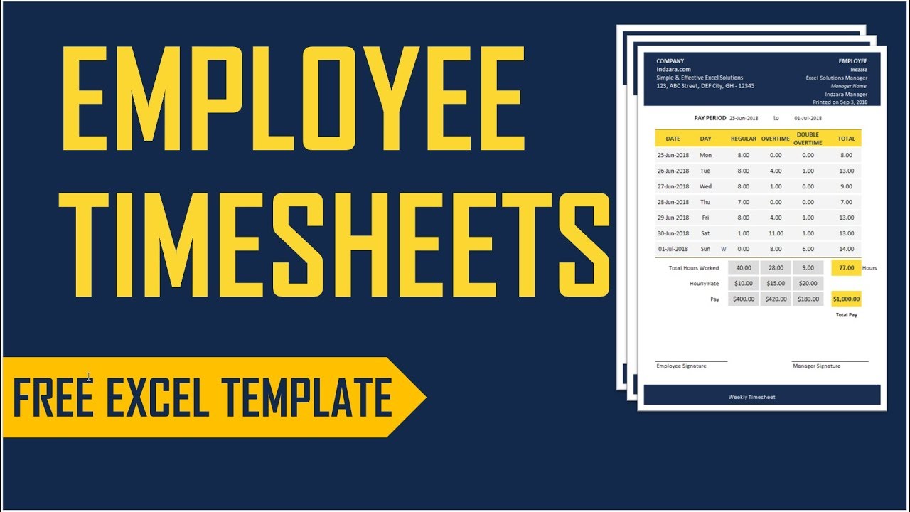 Employee Timesheets Excel Template - Time Card - Work Hours Calculator