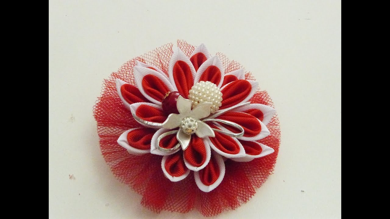 Flor KANZASHI  grande  con listón petalos doble ,Flores dobles  con liston, Ribbon flowers KANZASHI