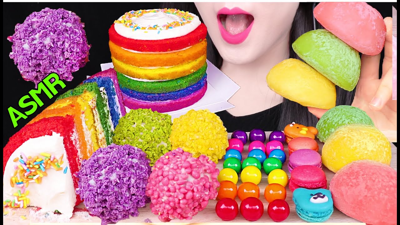 ASMR RAINBOW FOODS *BUBBLE GUM, CAKE POP, ICE CREAM 무지개 풍선껌, 케이크팝, 무지개 케이크 먹방 EATING SOUNDS