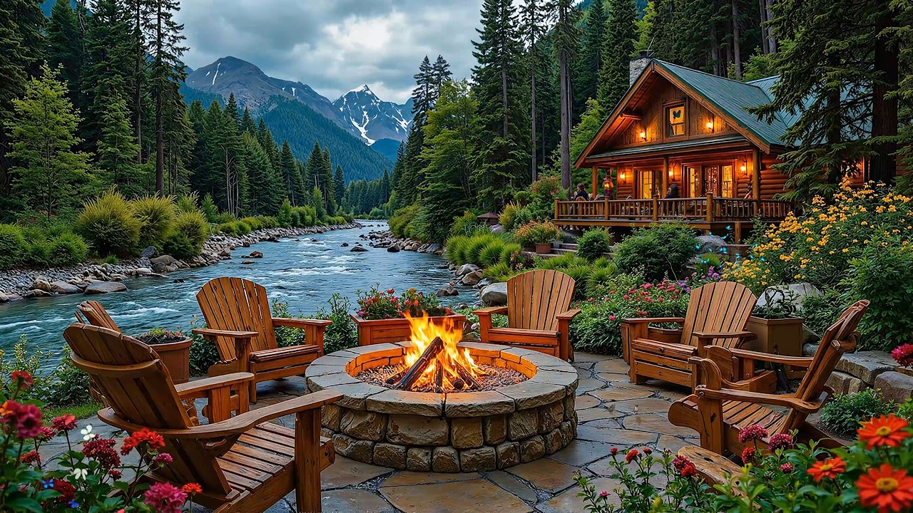 Cozy Spring Lakeside Cabin 🌿🔥Crackling Fire, Piano Music & Nature Sounds for Relaxation