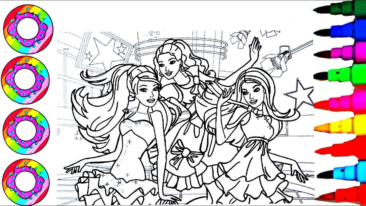 Coloring Drawings Disney's Barbie at the Dance Floor on their Rainbow Sparkle Dress Coloring Pages
