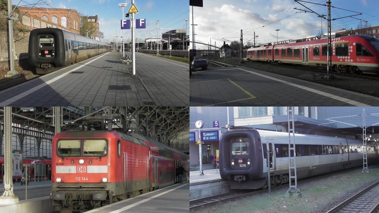 Bahnverkehr in Lübeck Hauptbahnhof mit DSB MF, Br 112+Dostos, Br 648 & 623