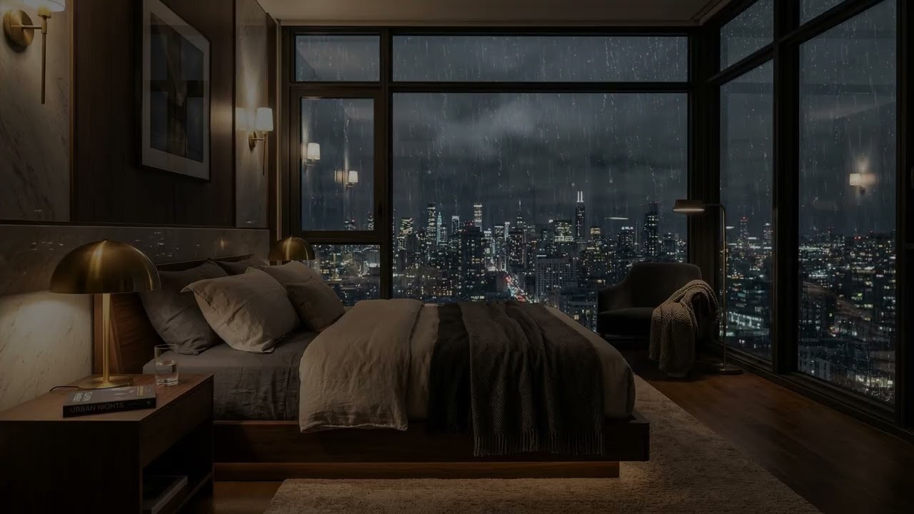 Quiet City Rain 🌧️ Sliding Down A High Rise Bedroom Window While Neon Streets Glow 🏙️