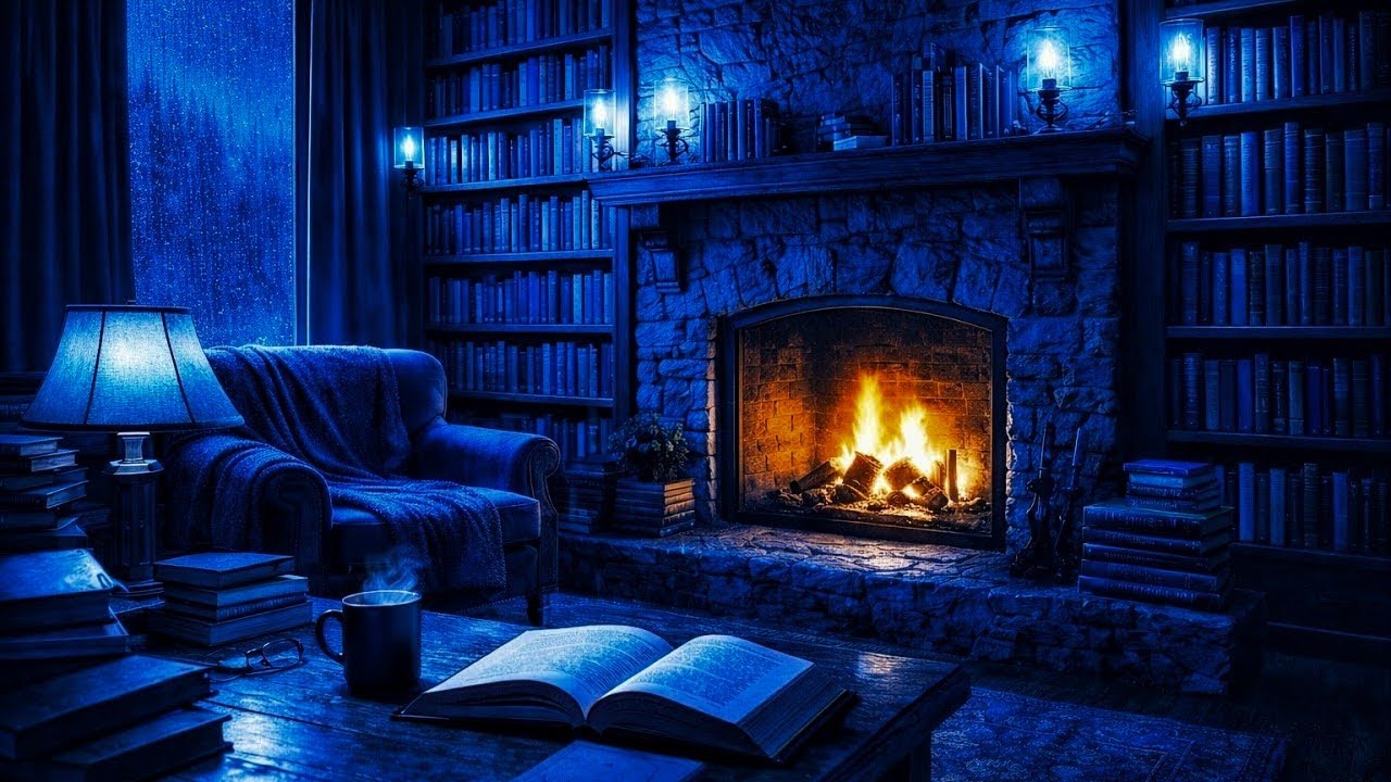 Rain on Library Window 🌧️ Cozy Fireplace Ambience for Deep Sleep & Study | 5 Hours (Dark Night)