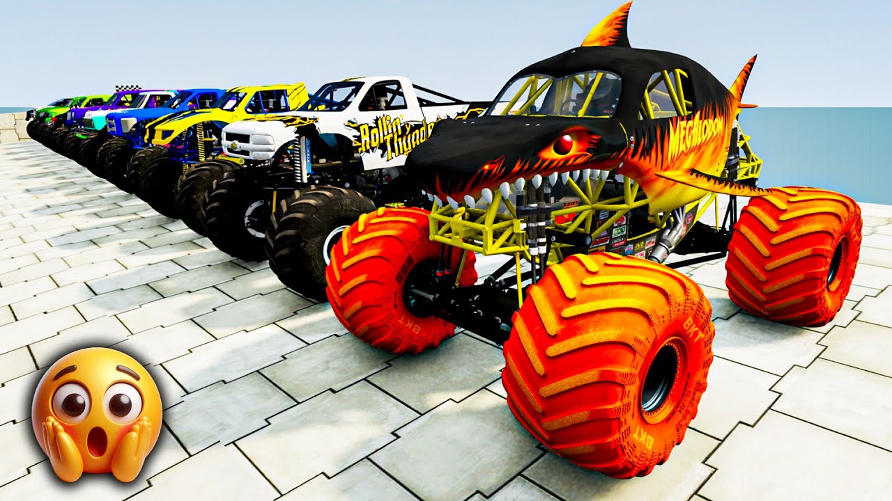 Strongest Suspension Ever? Monster Trucks Flying Downhill Over Speed Bumps