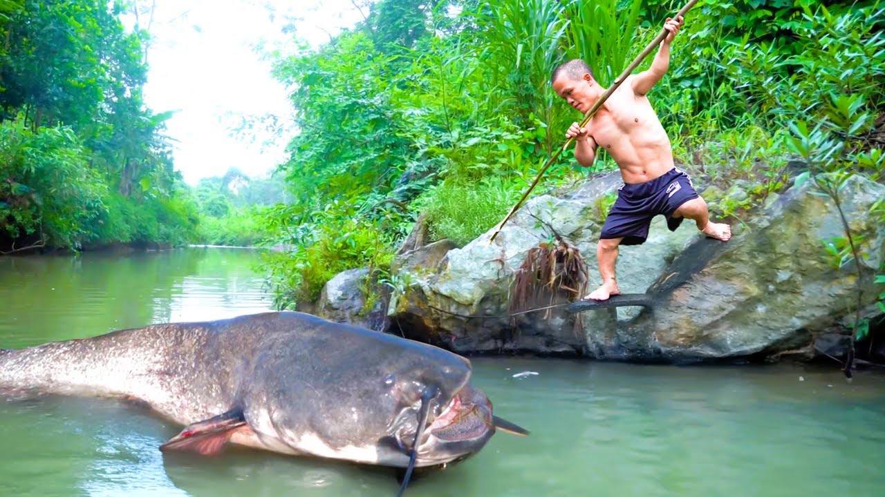 Catching Giant Fish to Survive Alone in the Forest - Amazing Primitive Fish Trap and Cooking