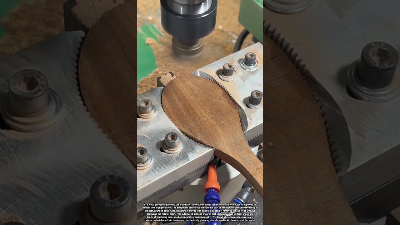 Automated Wood Carving Machines Shaping Wooden Spoons in Mass Production