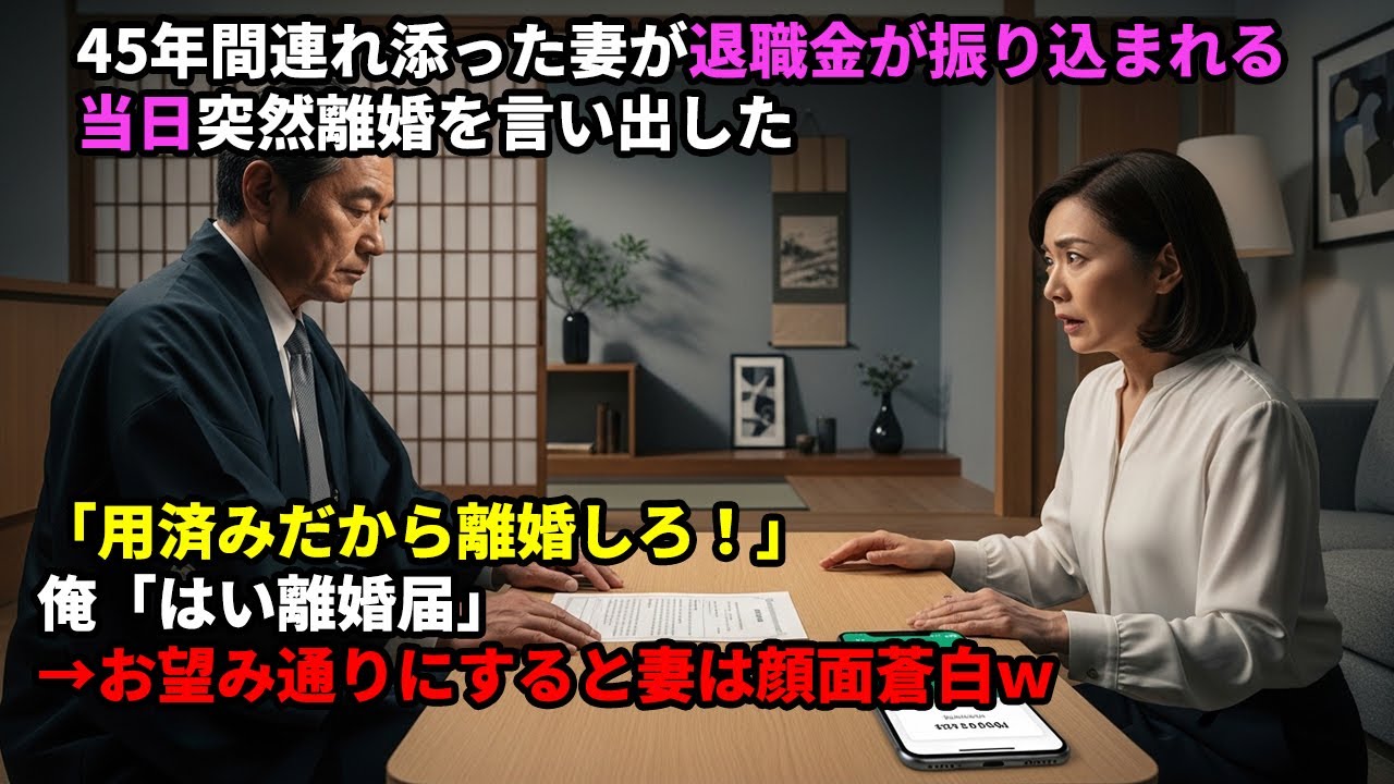 45年間連れ添った妻が退職金振込当日に突然離婚要求「用済みだから離婚しろ！」→俺が即座に離婚届を出した結果、妻は顔面蒼白に…