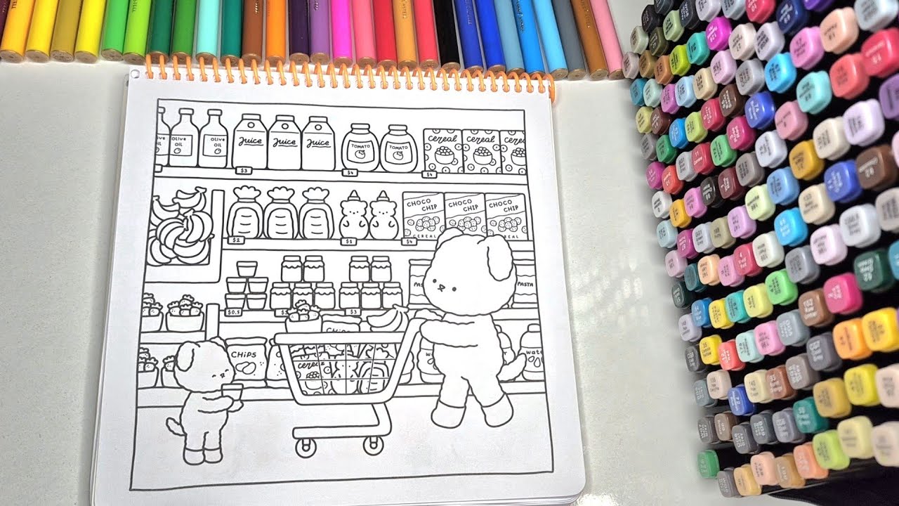ASMR Color With Me | Cute Dogs Shopping for Food at the Store 🐶🛒 | Relaxing Coloring, Marker Sounds