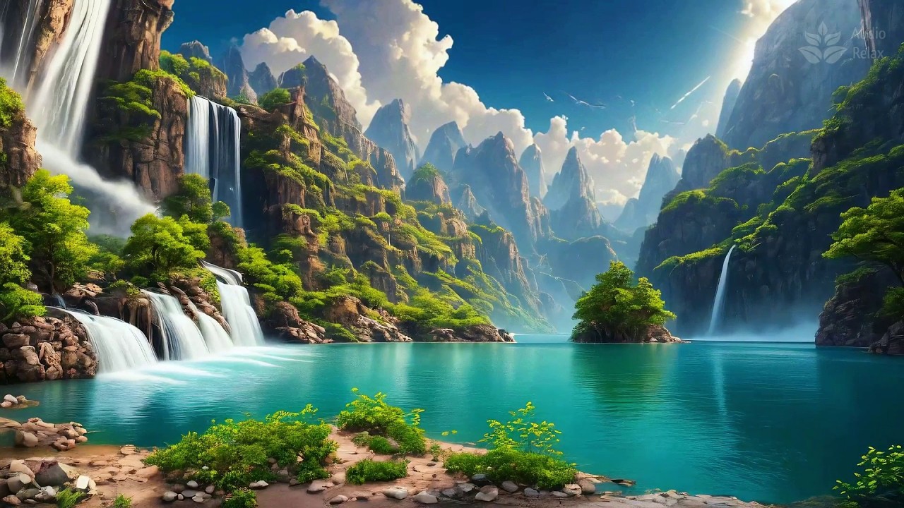 10 Hours of Majestic Mountain Waterfall 🏔️ Fantasy Lake White Noise for Deep Sleep