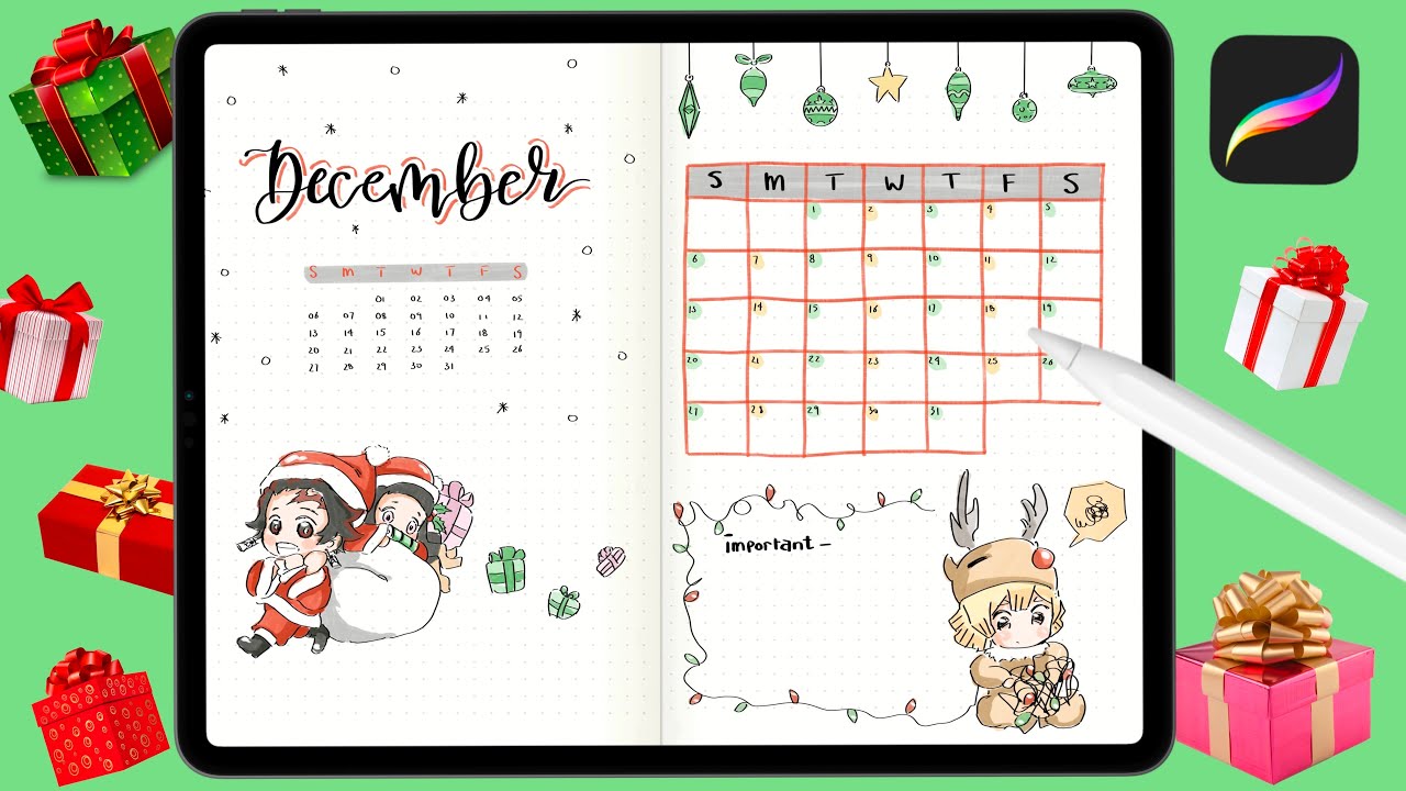PROCREATE TUTORIAL + FREE BRUSHES: PLAN WITH ME | December 2020 BUJO - Kimetsu no Yaiba Theme