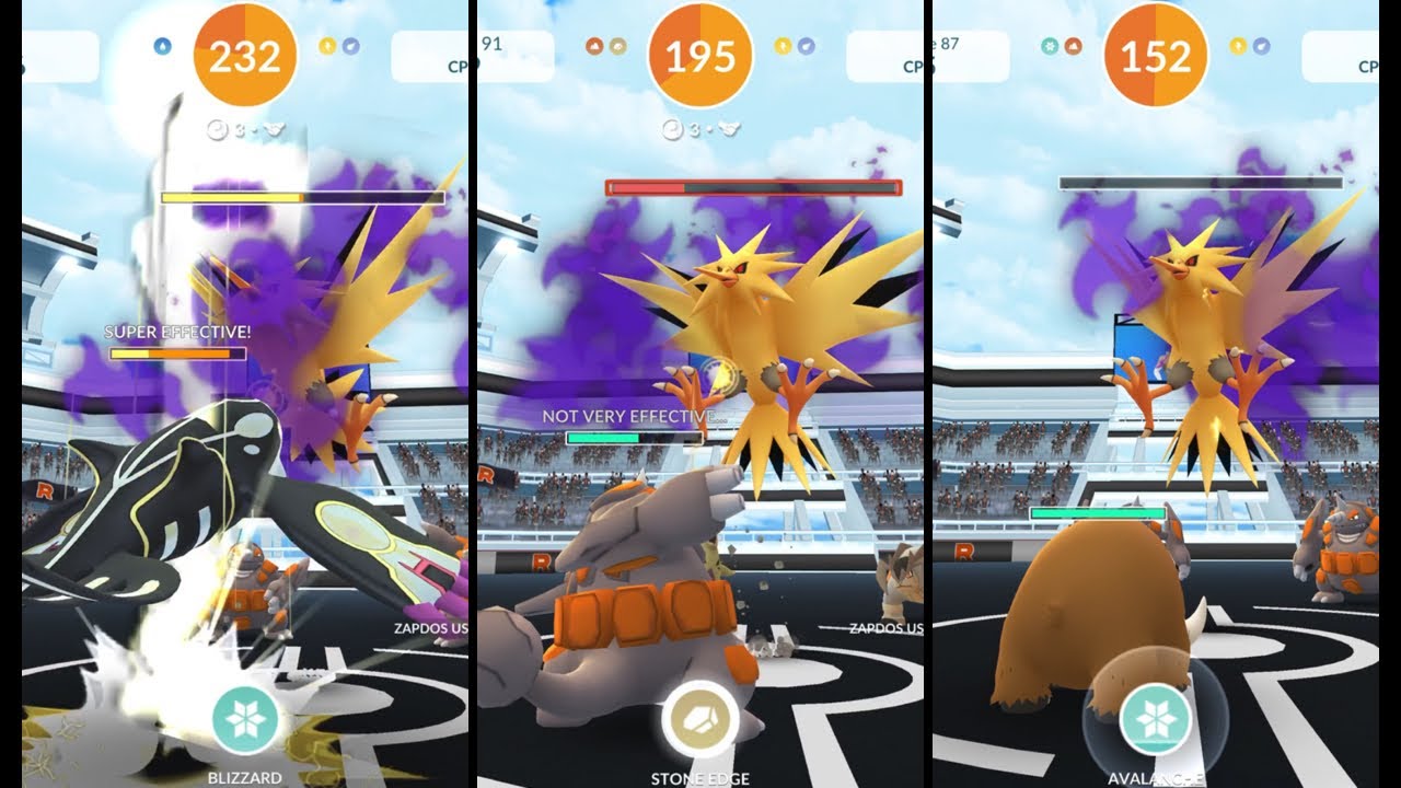Shadow Zapdos Raid in Pokémon GO with 3 Trainers - Trio with Rock and Ice Counters 