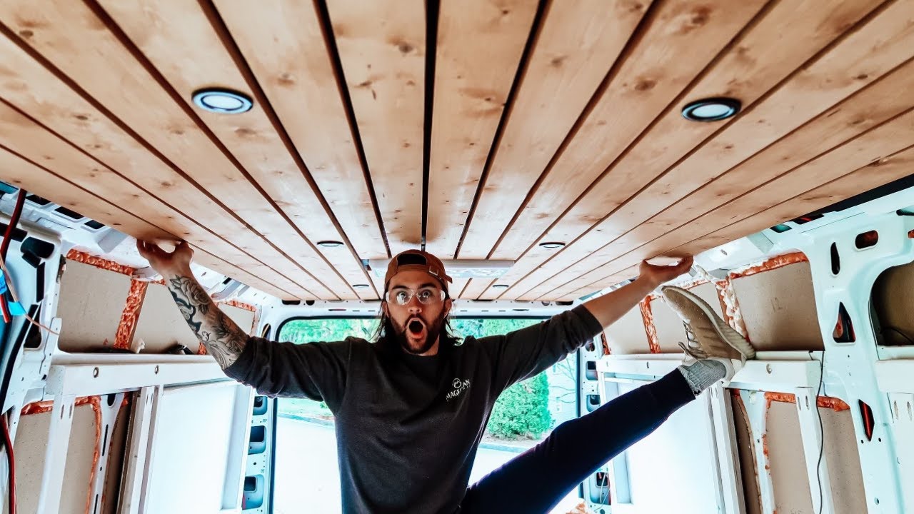 Insulating + Installing Our Slatted Ceiling Planks | VAN LIFE BUILD