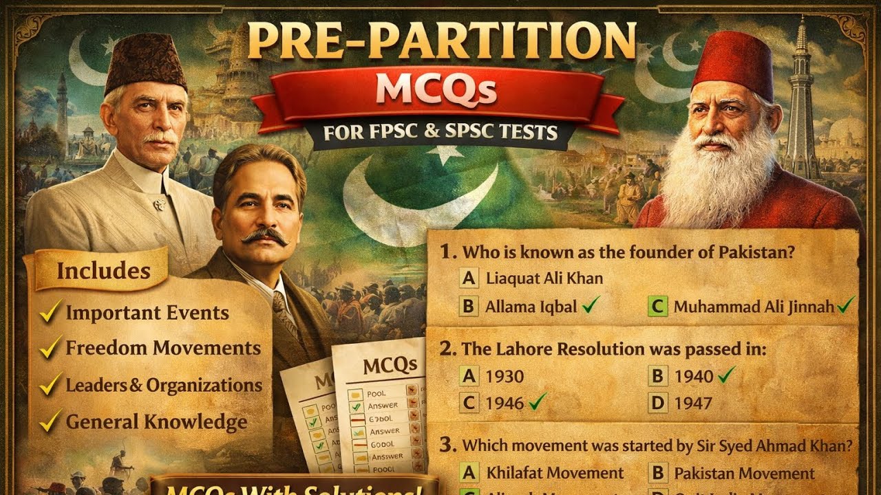 Pre-partition mcqs | Assistant Director ASF | MoD | FPSC AND SPSC