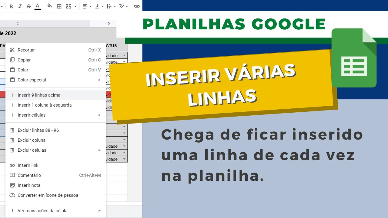 Como inserir várias linhas no google planilhas