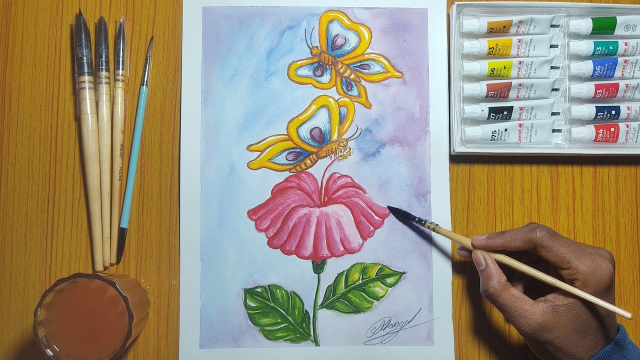 | How to Paint Hibiscus and Butterfly with Watercolor || Step by Step Tutorial |