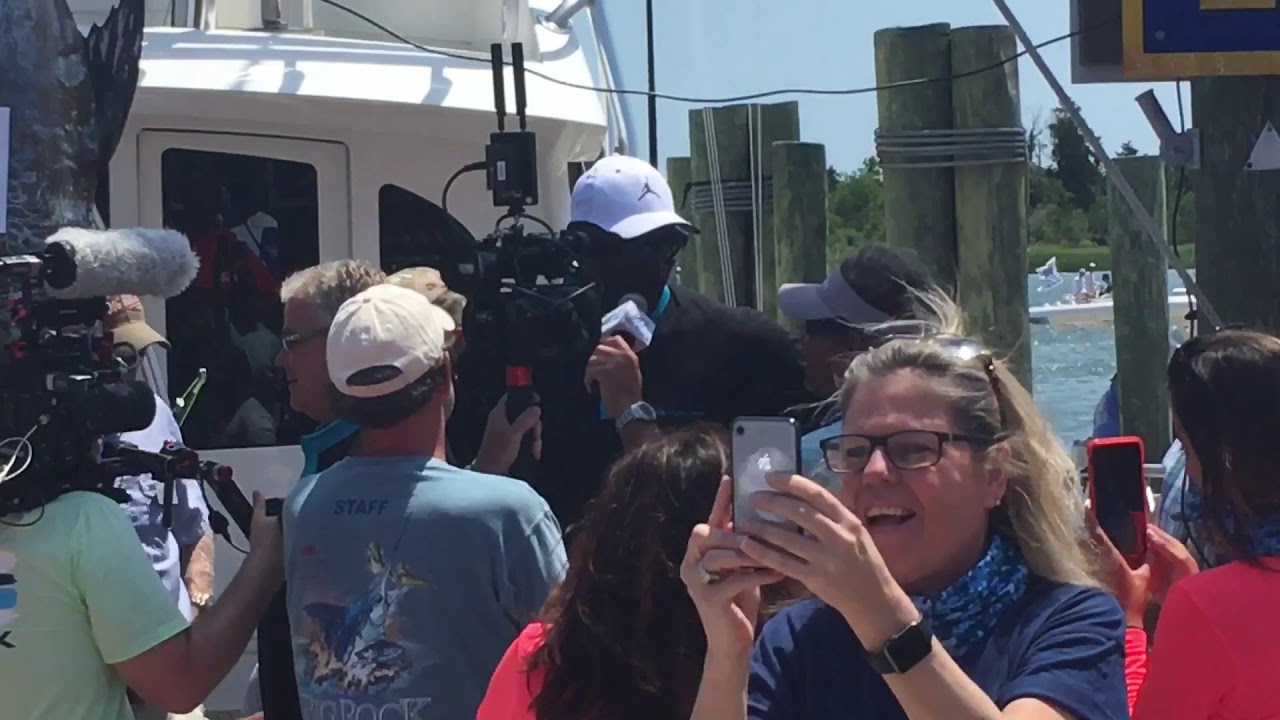 Michael Jordan, aboard his Catch 23, brings in a 442.3-pound blue marlin