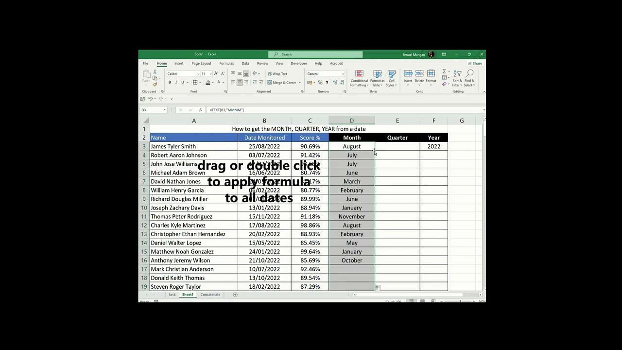 How to extract MONTH, QUARTER and YEAR from a date in MS Excel