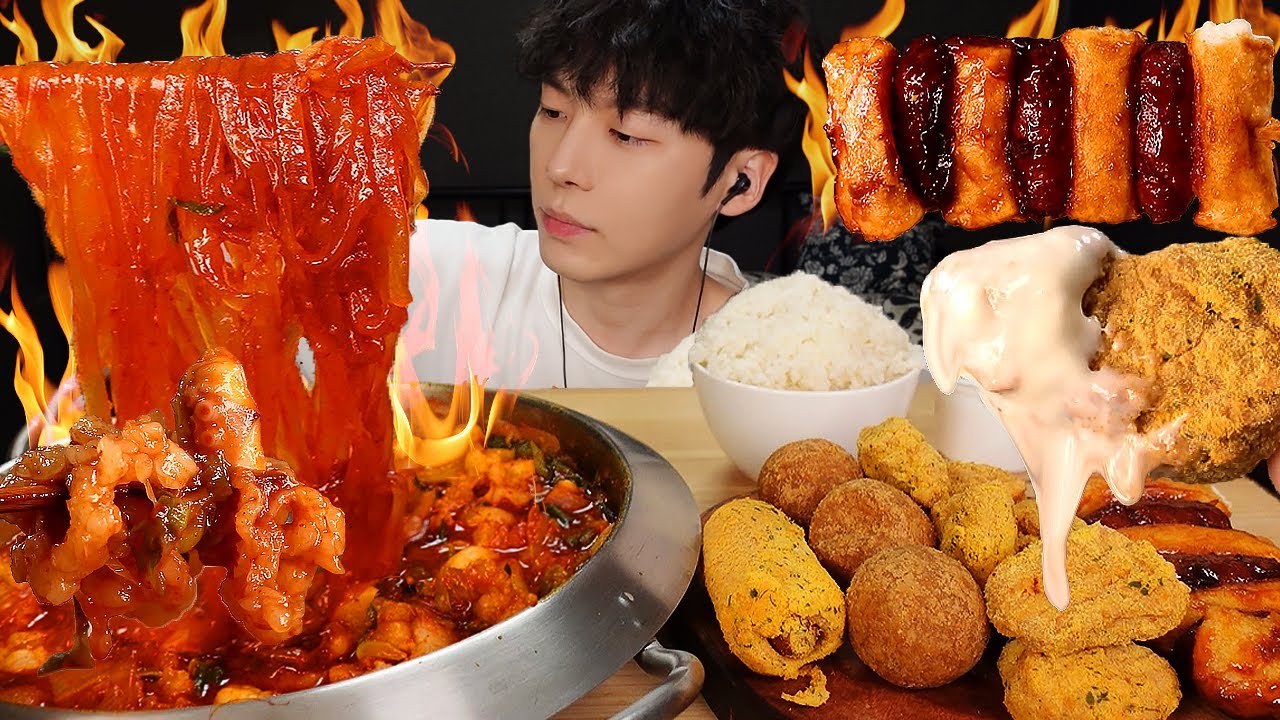ASMR MUKBANG | 불맛 매운 낙곱새 볶음밥 & 뿌링클 양념치킨 치즈볼 먹방 FRIED CHICKEN AND FIRE NOODLES EATING