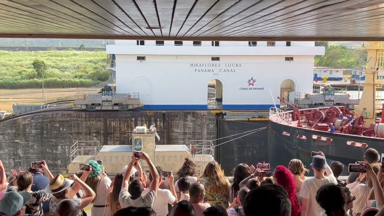 Giant Ship Squeezing Through Miraflores Locks in Panama Canal