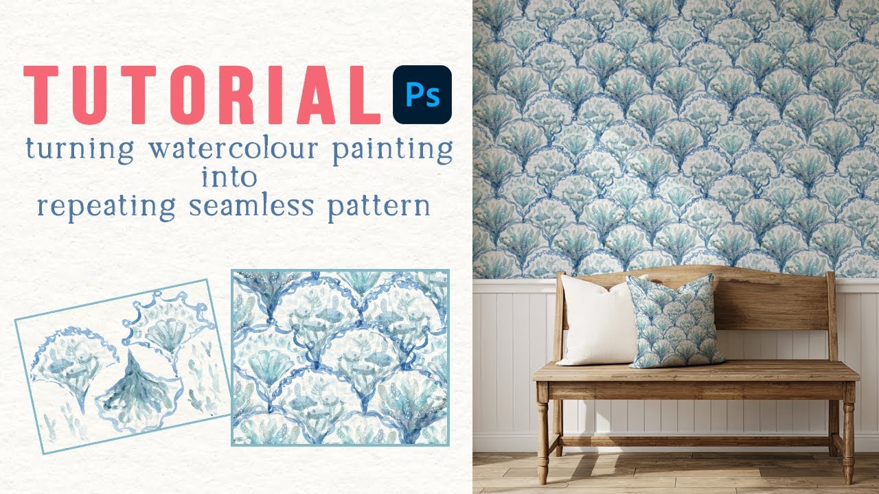 Photoshop tutorial how to turn watercolour painting into repeating seamless pattern, coastal theme
