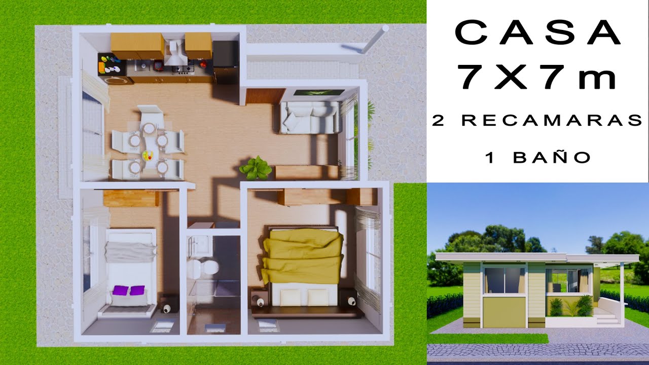 Plano de casa 7x7 metros con 2 recamaras y un baño