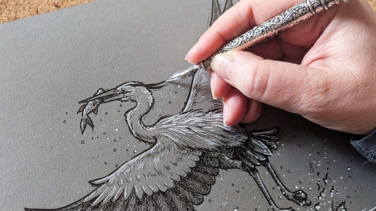 ASMR Full Process drawing | Black & White Ink | Grey Heron Taking Off