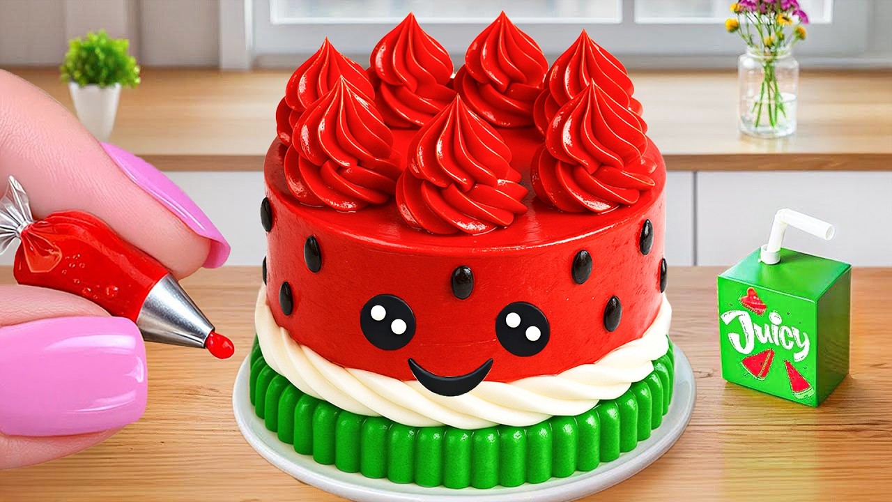 Watermelon Cake Challenge: How to make watermelon cake and colorful toppings | Mini Beasts Bakery