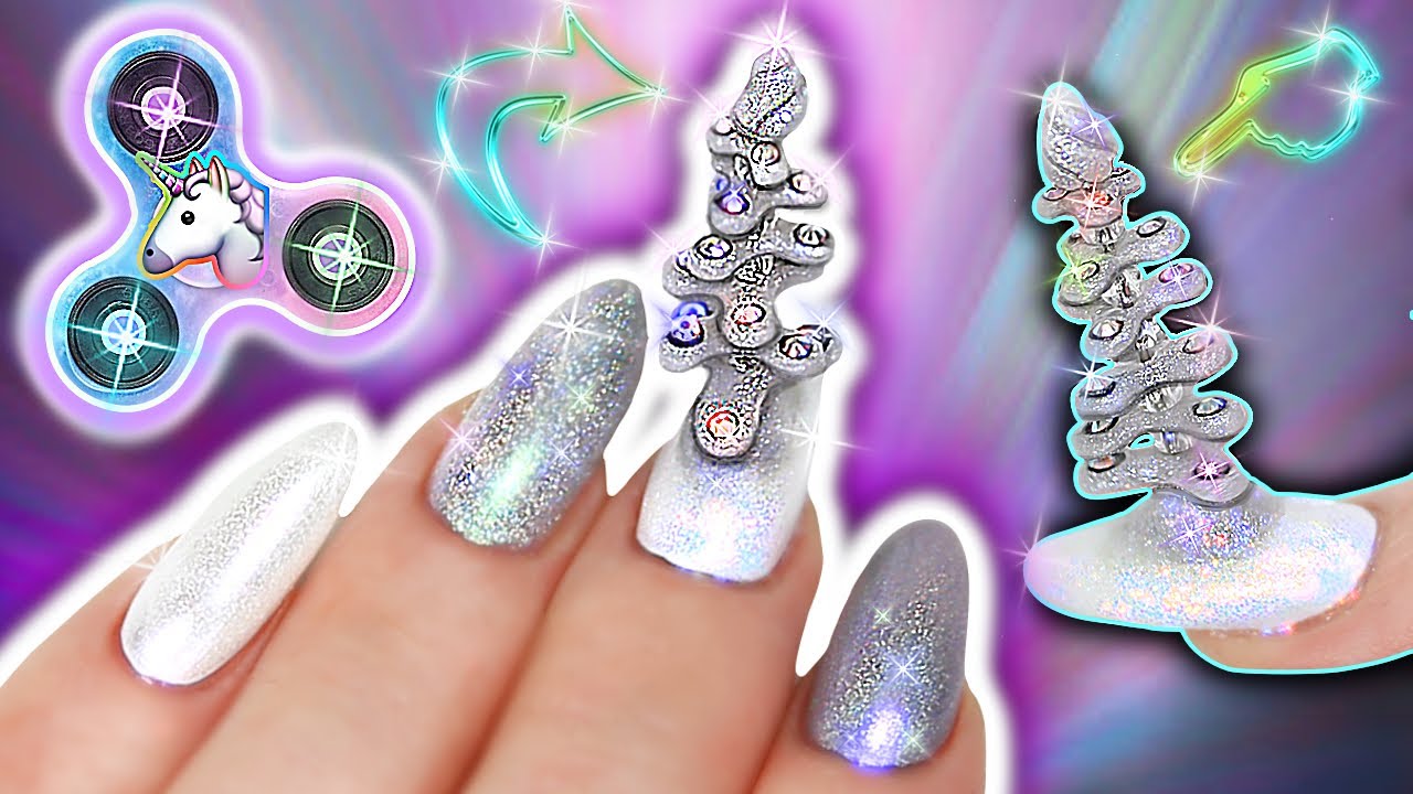 UNICORN FIDGET SPINNER TRICK NAILS | Unicorn Horn Fidget Spinner Nails | Glitter, Chrome, Crystals