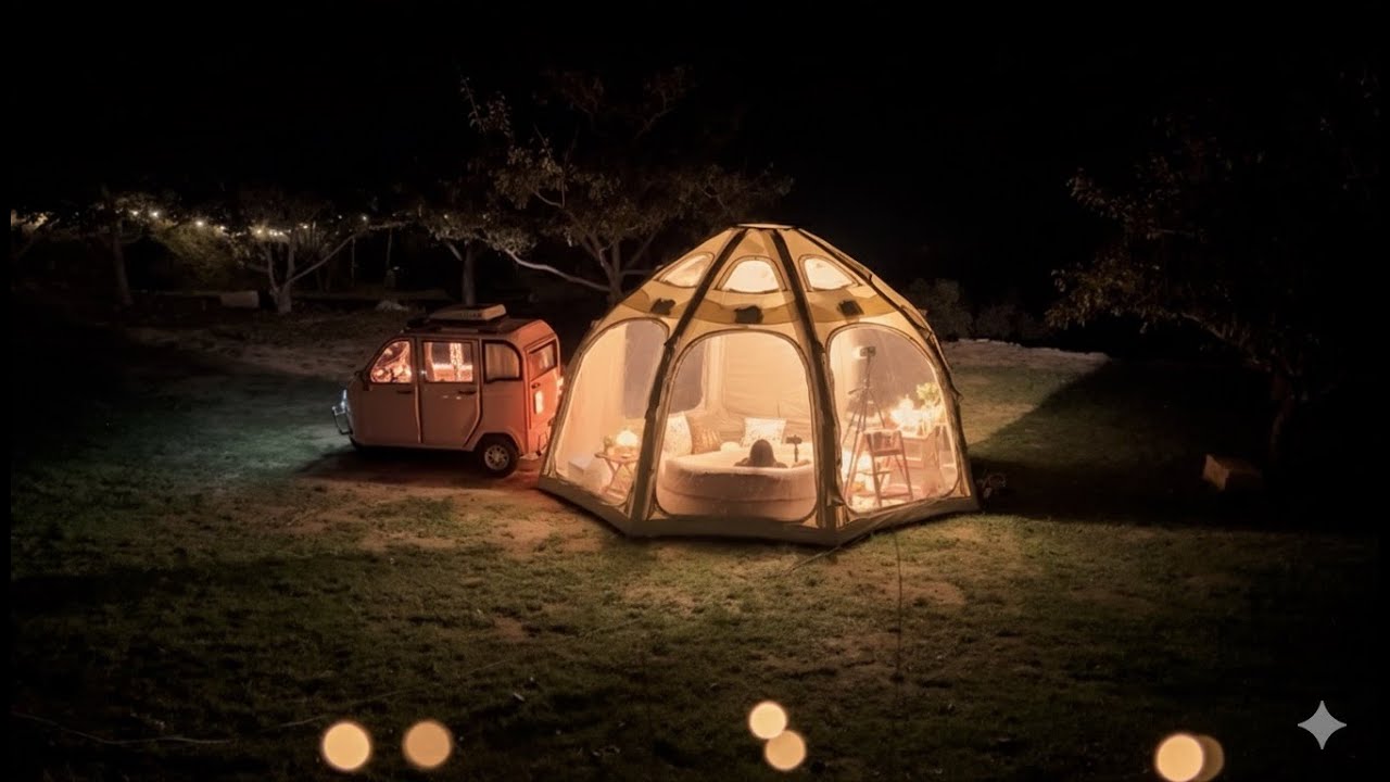 Autumn Solo camping in the mountain with 3-wheel mini camper and BIG tent