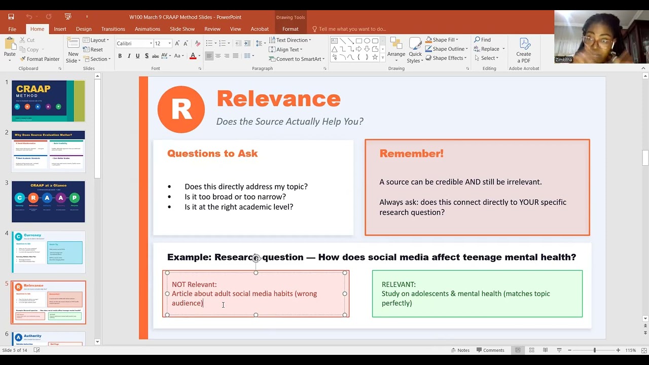 Writing 100 Week 5 - March 9 CRAAP Method Evaluating Sources