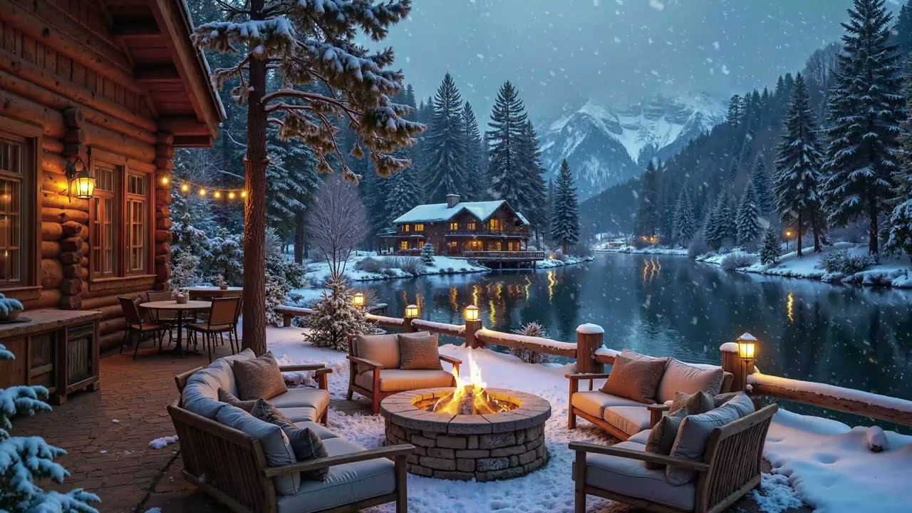 A Warm Riverside Porch by the River❄️ Relaxing Piano, Fireplace & Falling Snow for Work & Study