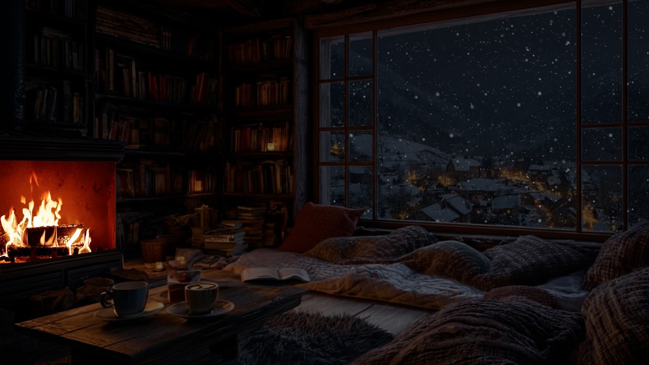 Gentle Snow in Golden Firelight ❄️ A Calm Winter Space for Focused Work