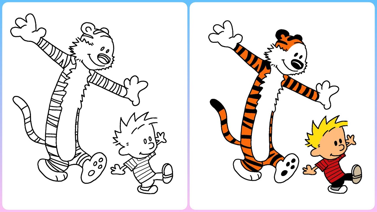 How to draw & color Calvin and Hobbes | Easy step-by-step drawing | Little Champs Art