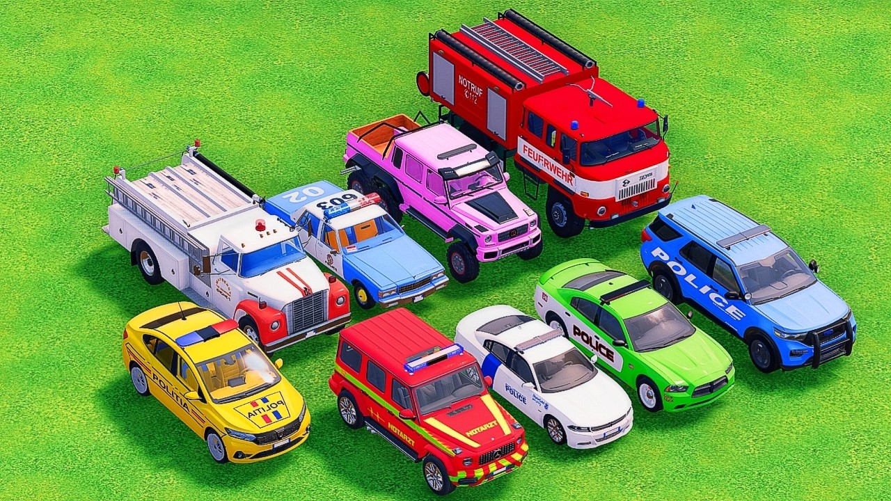 FS22 TRANSPORTING POLICE CARS, FIRE TRUCK & AMBULANCE WITH MERCEDES-BENZ TRUCKS | CRAZY JUMPS #001