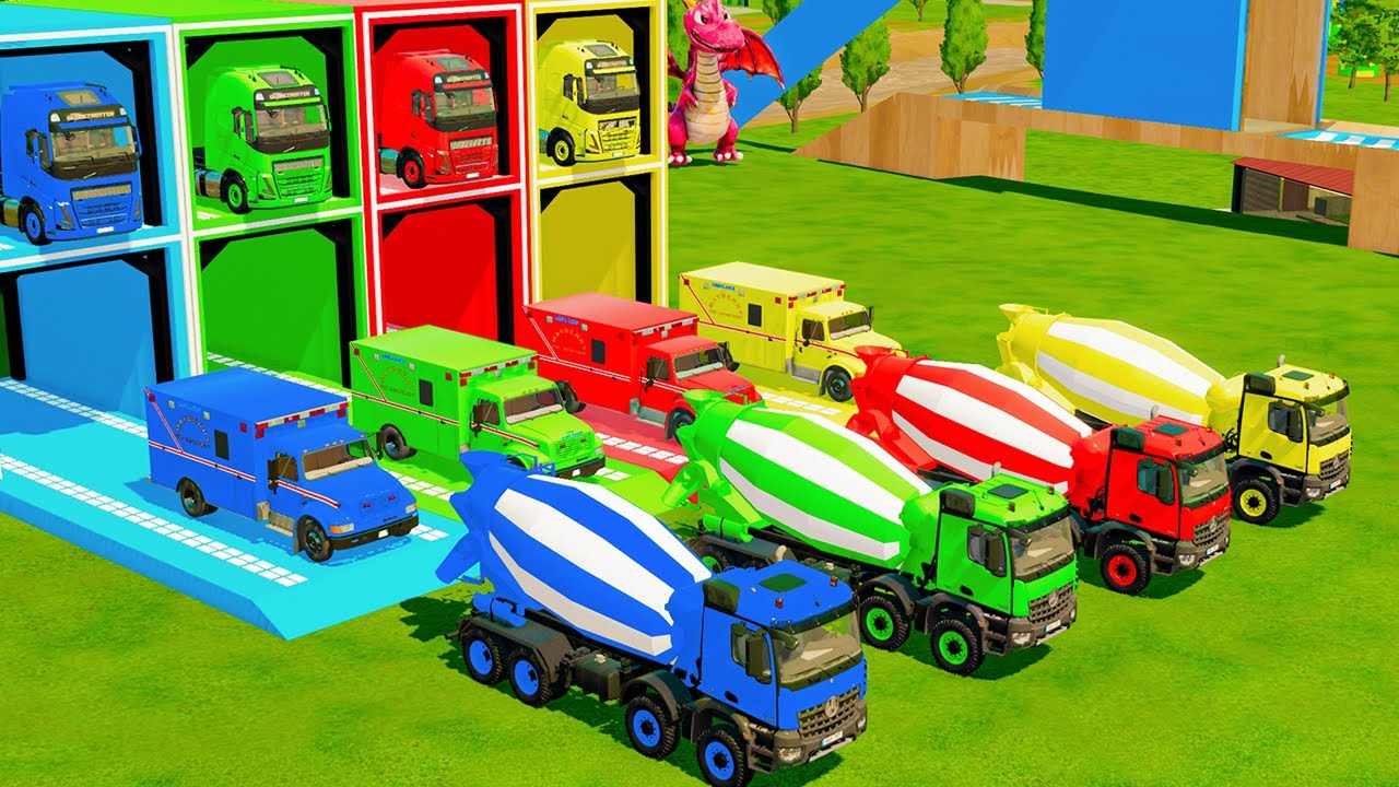 TRANSPORTING ALL MIXER TRUCK WITH DOUBLE FLATBED TRAILER TRUCK, VOLVO, ELKON, SCANIA - FS22