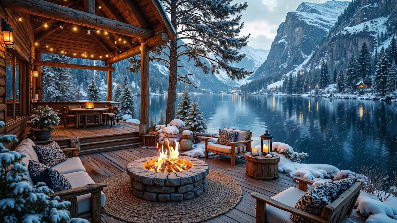 Snowy Winter Piano Music Ambience ❄️🔥 Riverside Porch, Winter Campfire & Nature Sounds