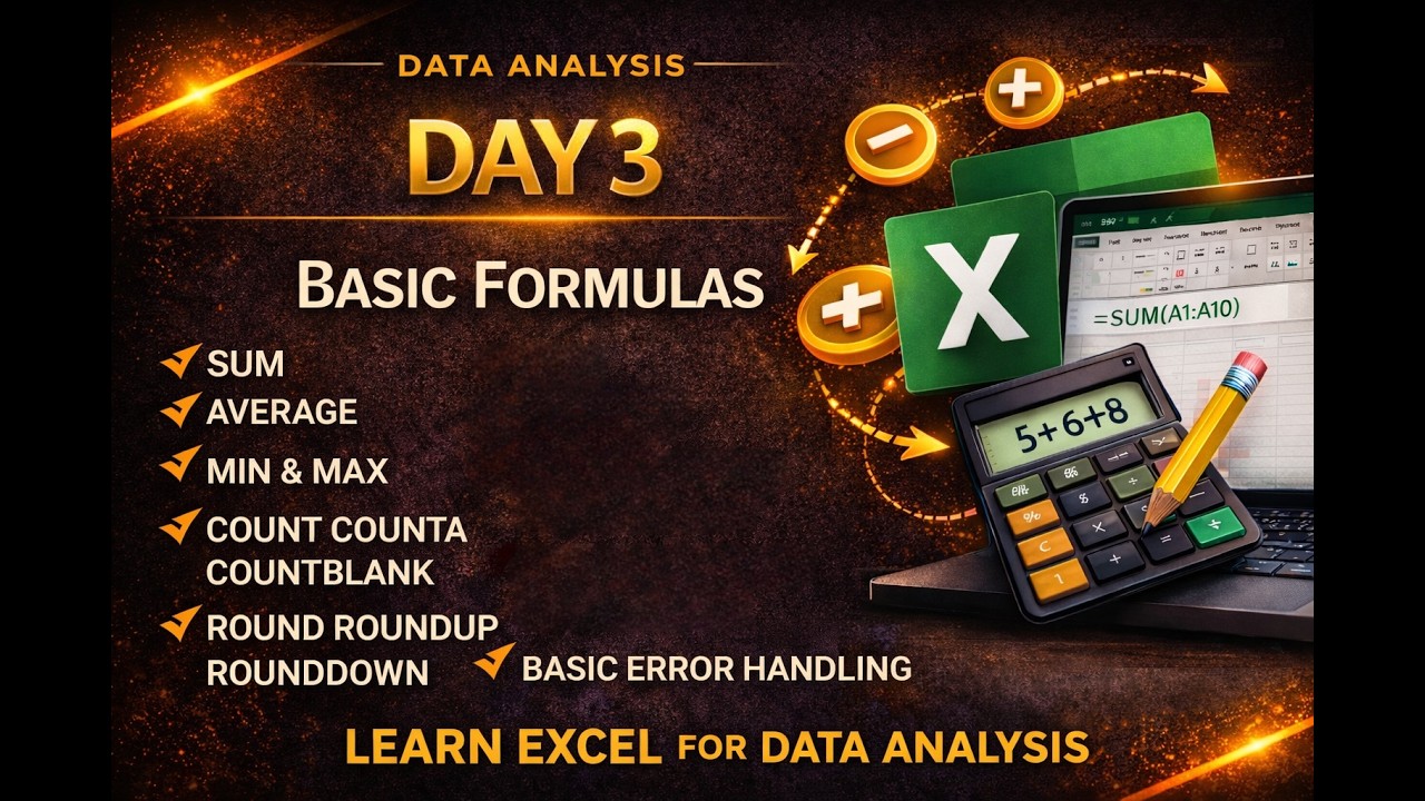 Excel Basic Formulas for Data Analysis | SUM AVERAGE COUNT ROUND IFERROR | Day 3 Full Tutorial